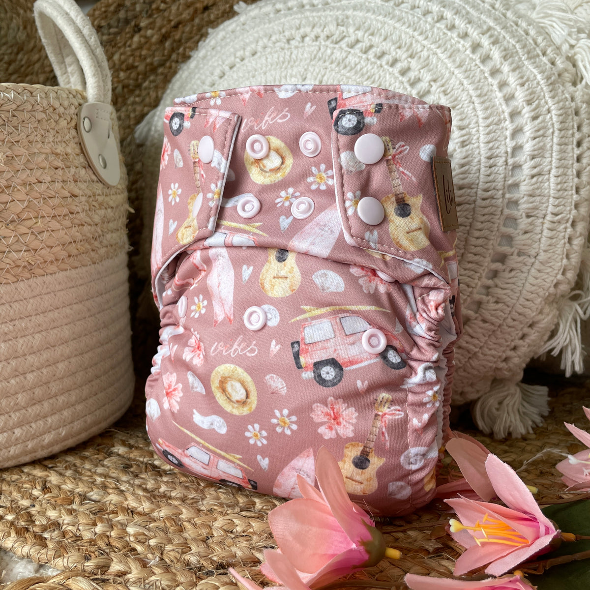 Couche lavable | taille NOUVEAU-NÉ | Summer Vibes - Rose (tout motif)